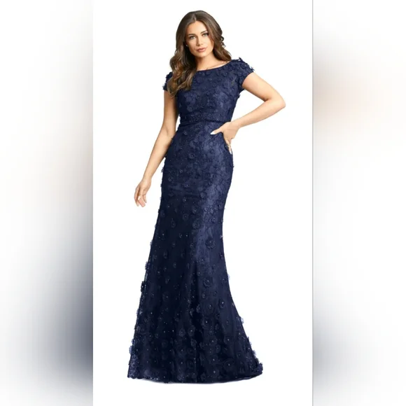 blue dress for baby girl Mac Duggal - Navy Embellished Illusion V Neck Long Sleeve Gown main image 0